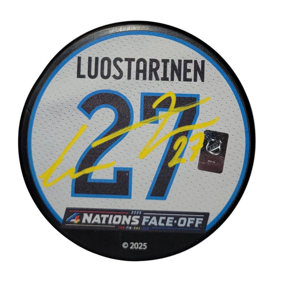 Eetu Luostarinen Autographed 2024 Finland 4 Nations Face Off Hockey Puck Beckett