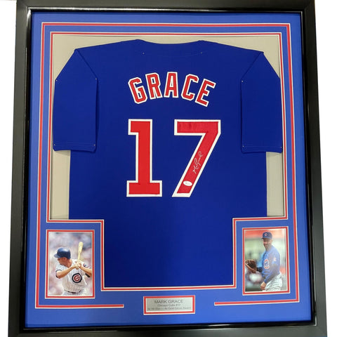 FRAMED Autographed/Signed MARK GRACE 35x39 Chicago Blue Jersey JSA COA Auto