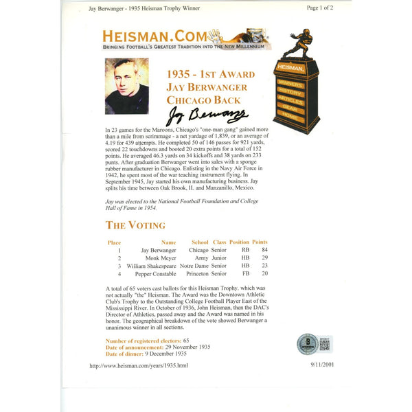 Jay Berwanger Autographed University of Chicago 1935 Heisman Bio Beckett 49401