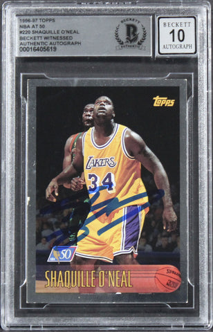 Lakers Shaquille O'Neal Signed 1996 Topps NBA At 50 #220 Card Auto 10! BAS Slab