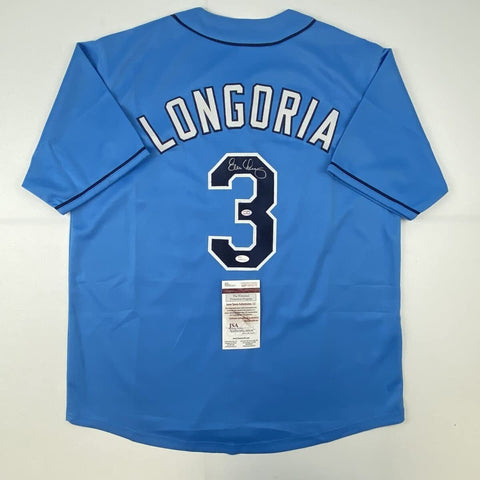 Autographed/Signed EVAN LONGORIA Tampa Bay Light Blue Baseball Jersey JSA COA