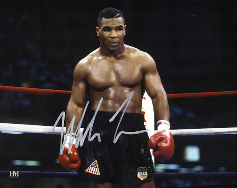 Mike Tyson Signed Boxing Black Trunks Action 8x10 Photo - (SCHWARTZ COA)
