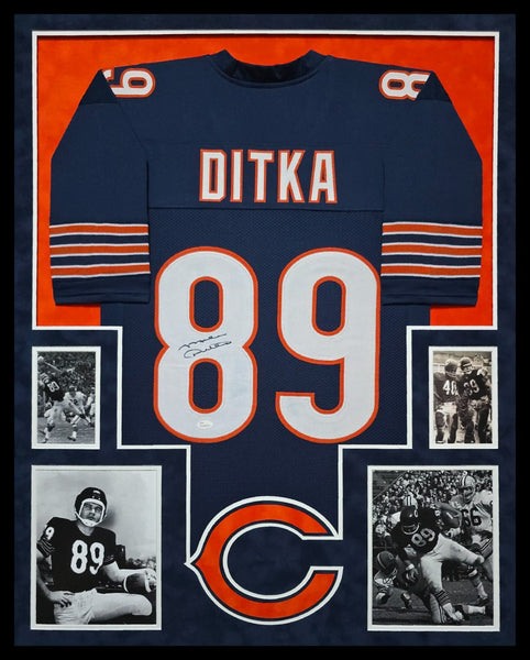 SUEDE FRAMED CHICAGO BEARS MIKE DITKA AUTOGRAPHED SIGNED JERSEY JSA COA
