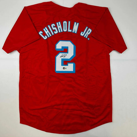 Autographed/Signed Jazz Chisholm Jr. Miami Red Baseball Jersey Beckett BAS COA