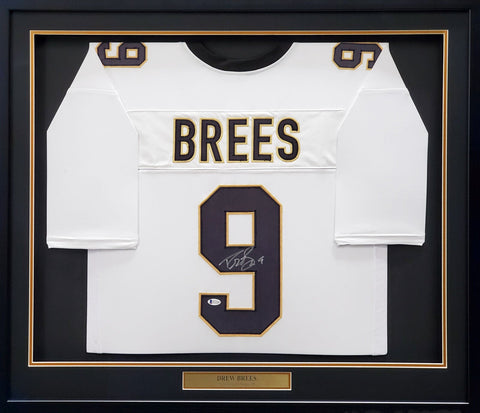 NEW ORLEANS SAINTS DREW BREES AUTOGRAPHED FRAMED WHITE JERSEY BECKETT BAS 200416