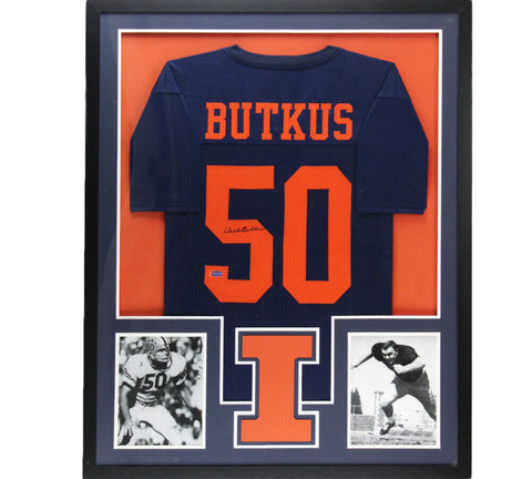 Dick Butkus Signed Illinois Large Framed Custom Blue Jersey