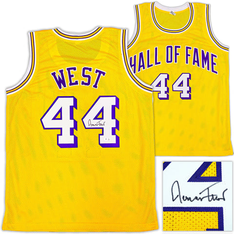 LOS ANGELES LAKERS JERRY WEST AUTOGRAPHED YELLOW JERSEY BECKETT BAS QR 221334