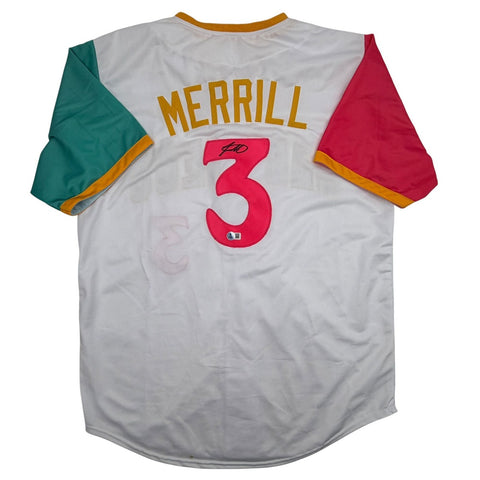 Autographed/Signed Jackson Merrill San Diego White CC Jersey Beckett COA