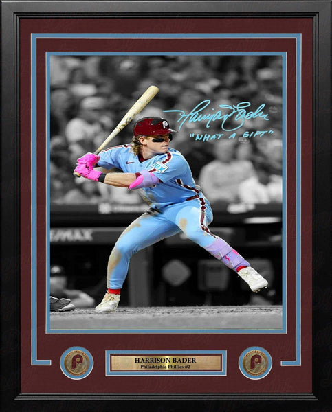 Harrison Bader Throwback Phillies Autographed 16x20 Framed Photo - What a Gift