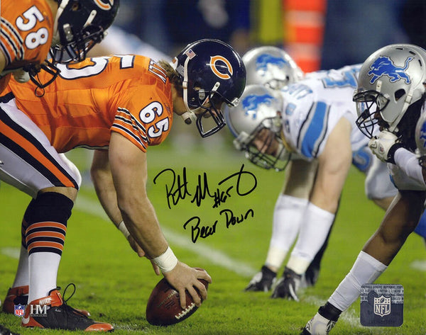 Patrick Mannelly Signed Bears Long Snap vs Lions 8x10 Photo w/Bear Down (SS COA)