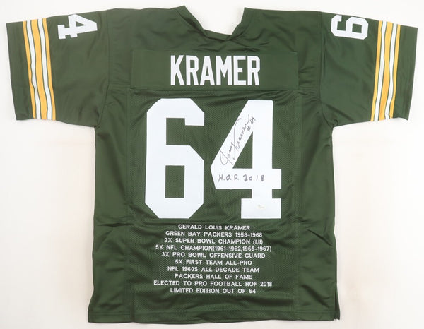 Jerry Kramer Signed Green Bay Packers Stat Jersey Inscribed "H.O.F. 2018" (JSA)