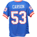 Harry Carson Autographed Pro Style Size XL Blue Jersey HOF Beckett Witness 50948