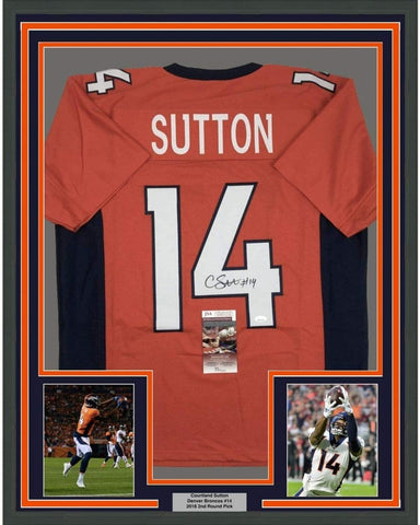 Framed Signed Courtland Sutton 35x39 Denver Orange Jersey JSA COA