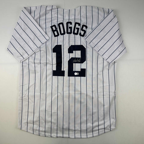 Autographed/Signed Wade Boggs New York Pinstripe Baseball Jersey Beckett BAS COA
