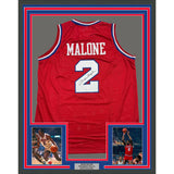 Framed Autographed/Signed Moses Malone 35x39 Philadelphia Red Jersey JSA COA