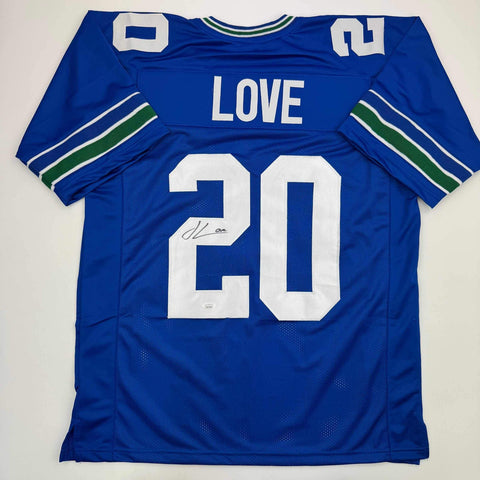Autographed/Signed Julian Love Seattle Blue Retro Football Jersey JSA COA