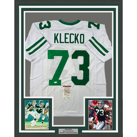 Framed Autographed/Signed Joe Klecko 33x42 New York Jets White Jersey JSA COA