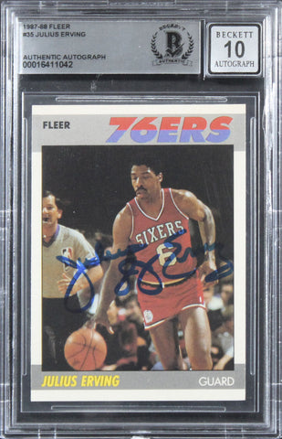 76ers Julius "Dr. J." Erving Signed 1987 Fleer #35 Card Auto 10! BAS Slabbed