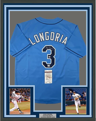 FRAMED Autographed/Signed EVAN LONGORIA 33x42 Light Blue Baseball Jersey JSA COA