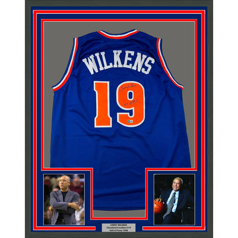 Framed Autographed/Signed Lenny Wilkens 33x42 HOF Blue Basketball Jersey BAS COA