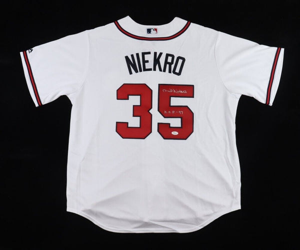 Phil Niekro Signed Atlanta Brave Jersey Inscribed "H.O.F. 97" (JSA COA) Knucksie