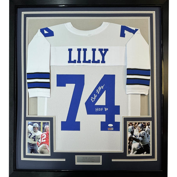 Framed Signed Bob Lilly HOF 80 35x39 Dallas White Jersey JSA COA