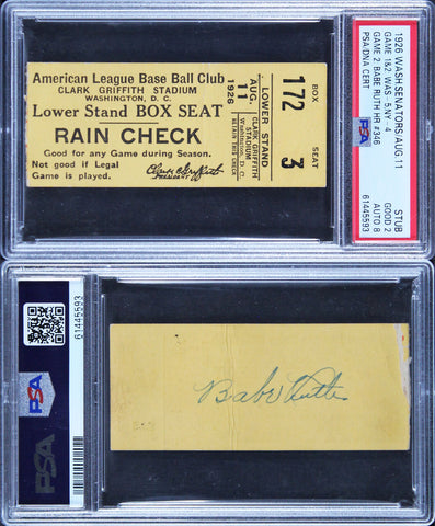 Yankees Babe Ruth Signed 9/11/1926 Ticket Stub Ticket Grade 2 Auto 8 PSA Slabbed