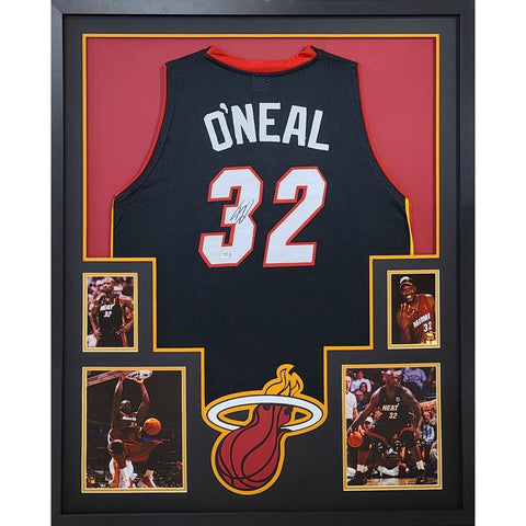 Shaq Autographed Signed Framed Black Miami Heat Shaquille O'Neal Jersey PSA/DNA