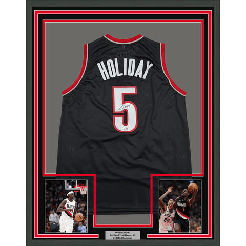 Framed Autographed Jrue Holiday Portland Black Basketball Jersey BAS COA