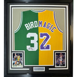 Framed Autographed/Signed Larry Bird & Magic Johnson 35x39 Dual Jersey JSA COA