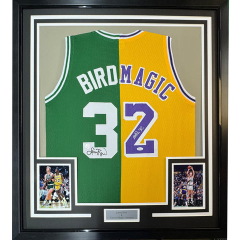 Framed Autographed/Signed Larry Bird & Magic Johnson 35x39 Dual Jersey JSA COA