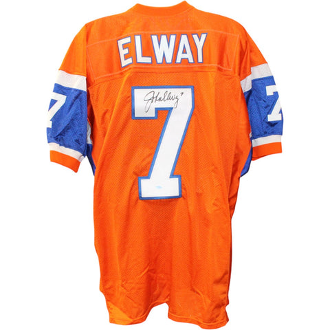 John Elway Signed Denver Broncos M&N Orange sz 48 Jersey Mounted Memories 51336