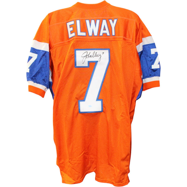 John Elway Signed Denver Broncos M&N Orange sz 48 Jersey Mounted Memories 51336