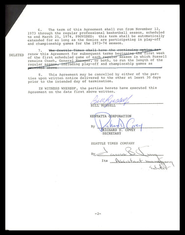Bill Russell Autographed 1973-74 Newspaper Contract Celtics Beckett #AC74545