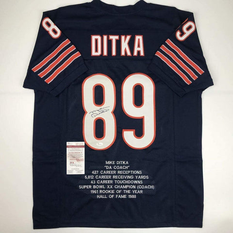 Autographed/Signed MIKE DITKA Chicago Blue Stat Football Jersey JSA COA Auto