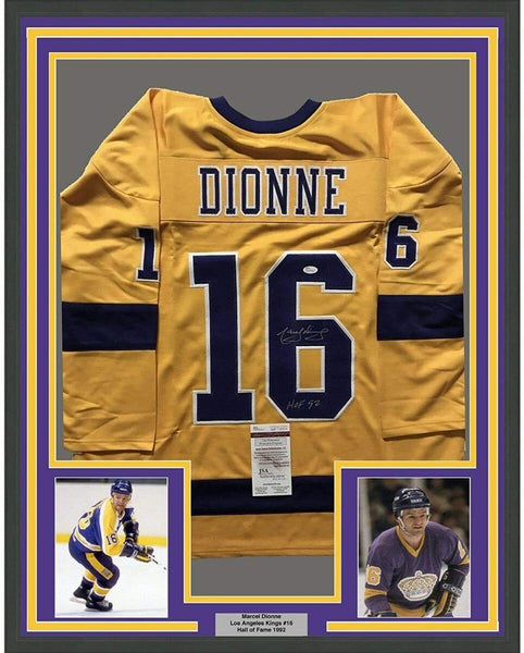 Framed Autographed/Signed Marcel Dionne HOF 92 35x39 LA Yellow Jersey JSA COA