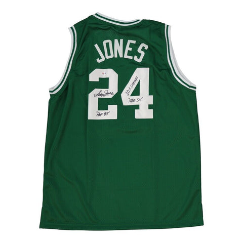 Sam Jones Signed Celtics Jersey Inscribed *HOF 83, 10xChamps & NBA 50* (PSA COA)