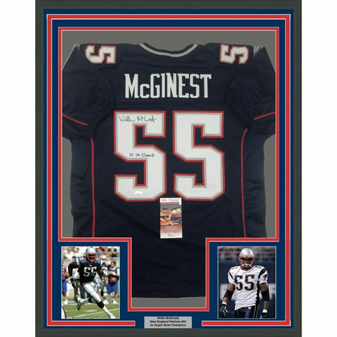 FRAMED Autographed/Signed WILLIE MCGINEST 3x SB Champ 33x42 Blue Jersey JSA COA
