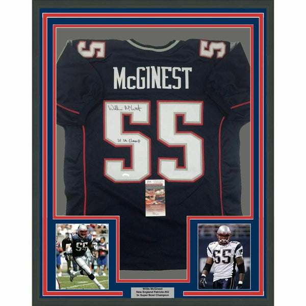 FRAMED Autographed/Signed WILLIE MCGINEST 3x SB Champ 33x42 Blue Jersey JSA COA