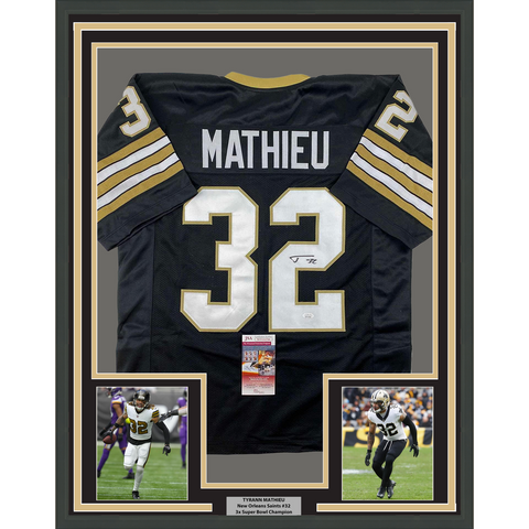 Framed Autographed/Signed Tyrann Mathieu 33x42 New Orleans Black Jersey JSA COA
