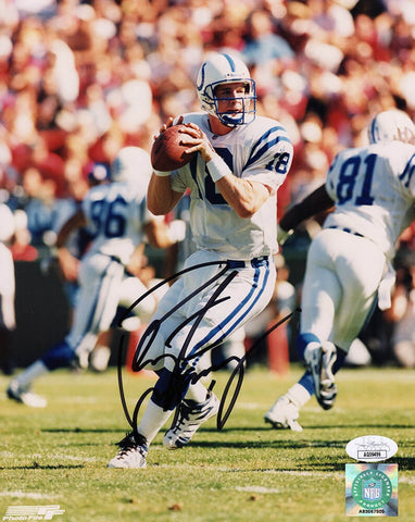 Peyton Manning Signed Colts White Jersey Dropback Action 8x10 Photo - (JSA COA)