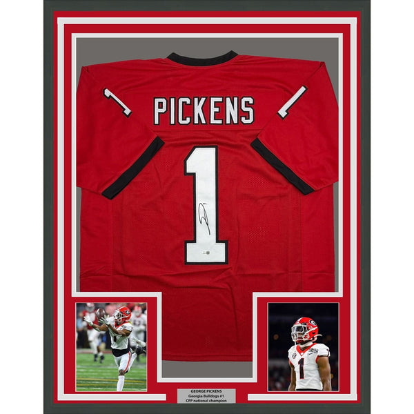 Framed Autographed/Signed George Pickens 35x39 Georgia Red Jersey JSA COA