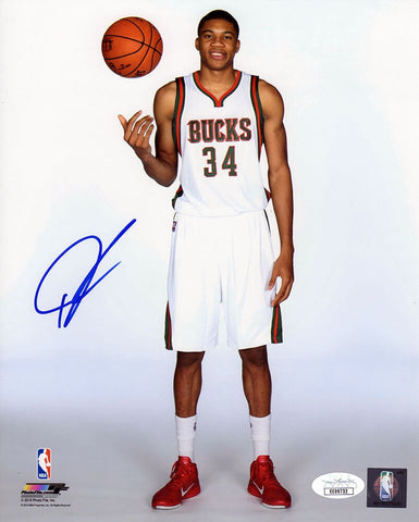 Giannis Antetokounmpo Signed Bucks White Jersey Standing Pose 8x10 Photo - (JSA)