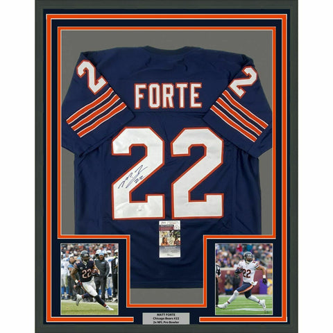 FRAMED Autographed/Signed MATT FORTE 33x42 Chicago Blue Football Jersey JSA COA