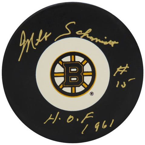 Milt Schmidt Signed Bruins Medium Logo Hockey Puck w/HOF 1961 - (SCHWARTZ COA)