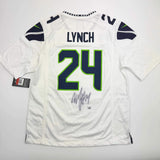 Autographed/Signed Marshawn Lynch Seattle Seahawks White Jersey Fanatics COA