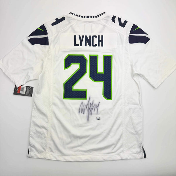 Autographed/Signed Marshawn Lynch Seattle Seahawks White Jersey Fanatics COA