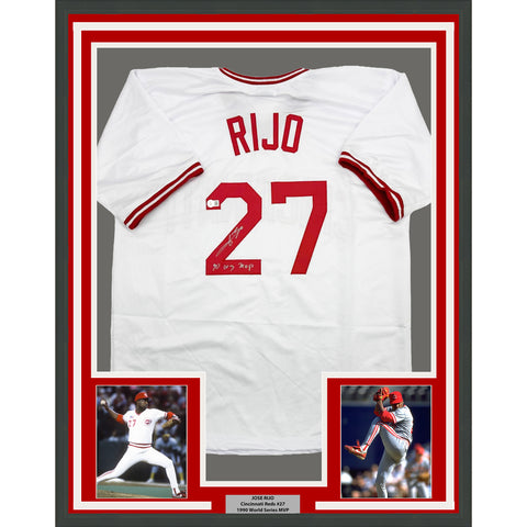 Framed Autographed/Signed Jose Rijo 35x39 Cincinnati White Jersey Beckett COA