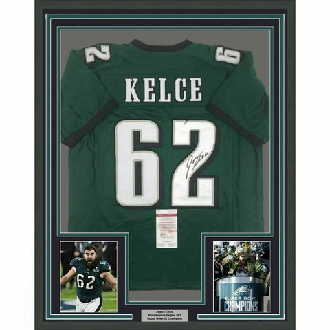 Framed Autographed/Signed Jason Kelce 33x42 Philadelphia Green Jersey JSA COA