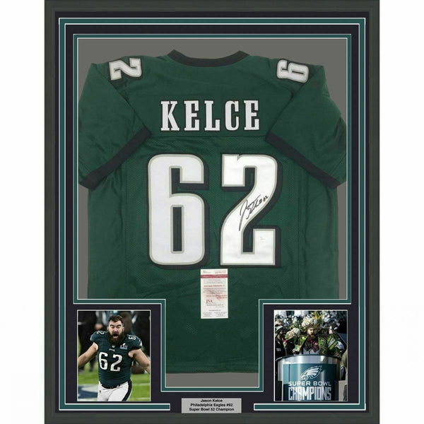 Framed Autographed/Signed Jason Kelce 33x42 Philadelphia Green Jersey JSA COA